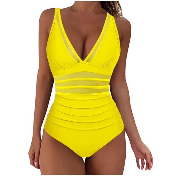 Daiosportswear Women's Tummy Control Swimsuits MeshOne Piece Bathing Suits Slimming V Neck Swimwear,Swimwear for Women Yellow 4(S)