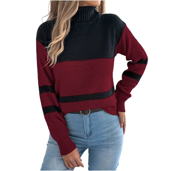 Daiosportswear Women's Turtleneck Sweater Fall Winter Chunky Knitted Pullover High Low Hem Trendy Basic Jumper Top Wine