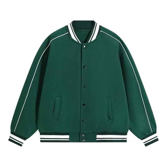 Daiosportswear Women's Varsity Bomber Jacket Snap Button Casual Striped Ribbed Trim Contrast Piping Baseball Coat with Side Pockets Green