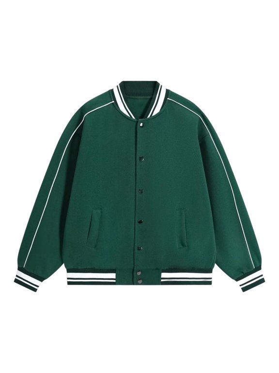 Women's Varsity Bomber Jacket Snap Button Casual Striped Ribbed Trim Contrast Piping Baseball Coat with Side Pockets Green