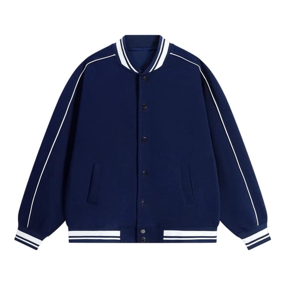 Daiosportswear Women's Varsity Bomber Jacket Snap Button Casual Striped Ribbed Trim Contrast Piping Baseball Coat with Side Pockets Navy