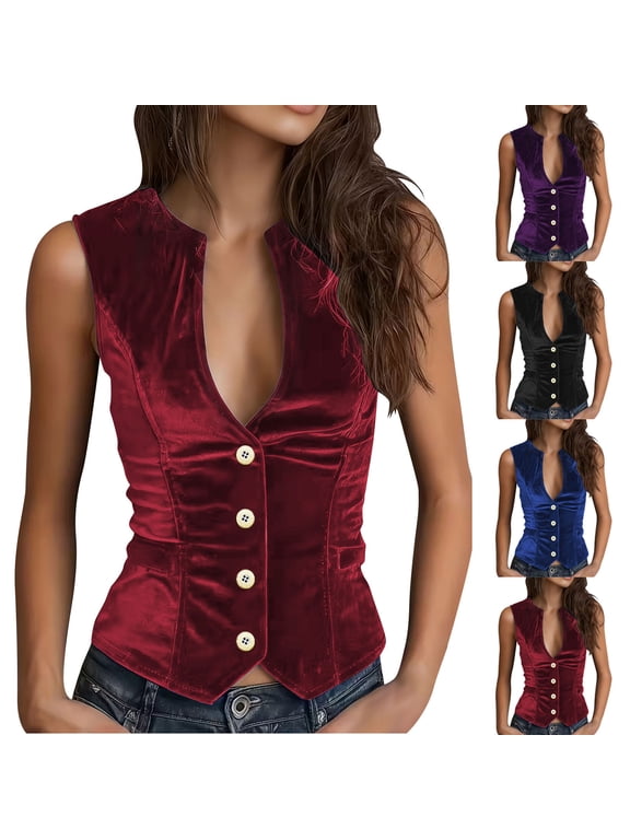 Women's Velvet Vest, Deep V Neck Elegant Suit Vest Y2K Sleeveless Button Up Waistcoat Tops Wine XL(XL)