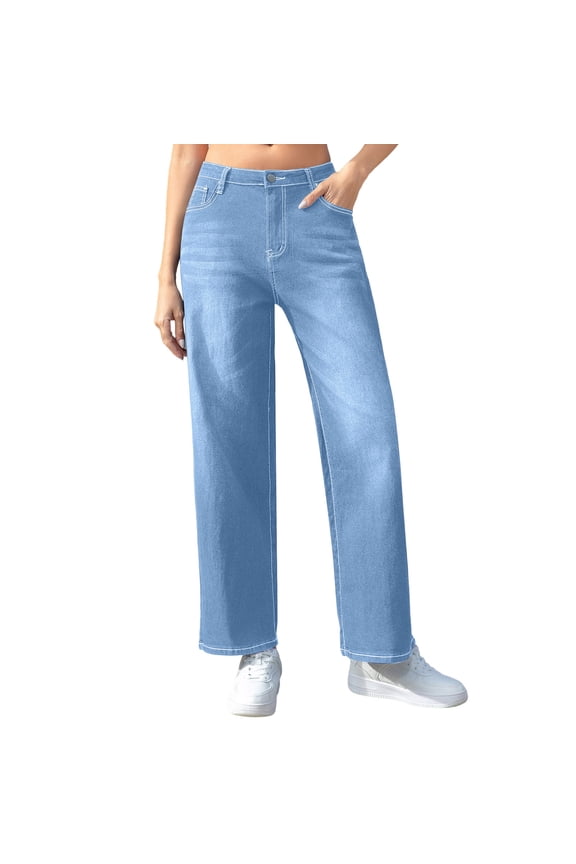 Women's Wide Leg Jeans High Waisted Stretchy Straight Leg Baggy Drawstring Denim Pants Light Blue-A L(L)