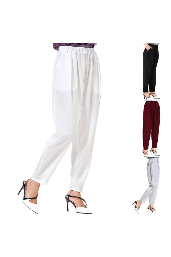 Women's high-waisted casual harem pants with pockets, loose fit,Pants for Women White XL(XL)