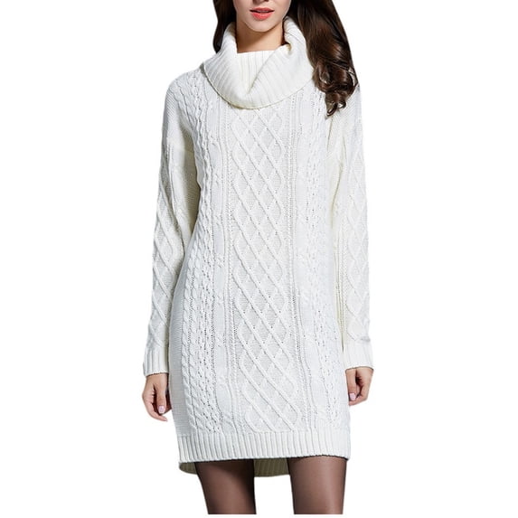 Daiosportswear Womens Cable Knit Sweater Dress Long Sleeve Bodycon Turtleneck Mini Fall Sweaters Dresses,Dresses for Women White 8(L)