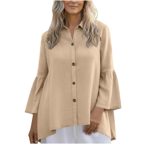 Daiosportswear Womens Dressy Lapel Collarlinen Shirts Button Down High Low Blouses Solid Bell Sleeve Tops,3/4 Length Sleeve Womens Tops Khaki L(L)