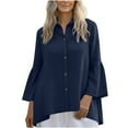 thumbnail image 1 of Daiosportswear Womens Dressy Lapel Collarlinen Shirts Button Down High Low Blouses Solid Bell Sleeve Tops,3/4 Length Sleeve Womens Tops Navy L(L), 1 of 5