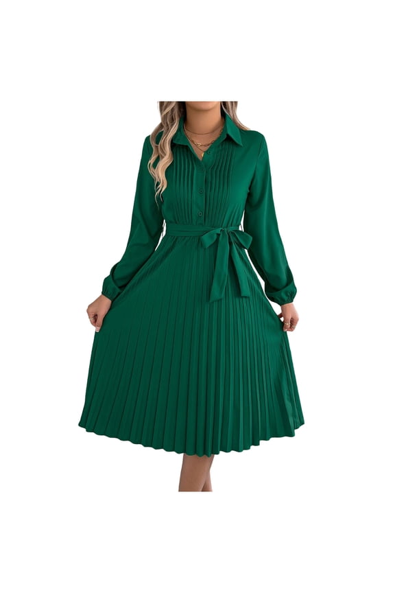 Womens Fall Long Sleeve Dress, Casual V Neck Pleated A Line Flowy Midi Dresses,Dresses for Women Green M(M)