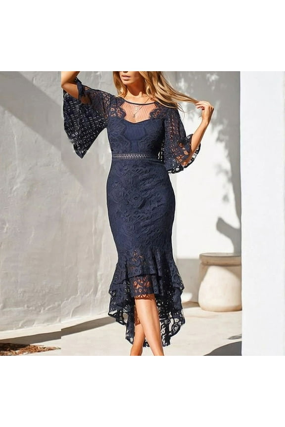 Womens' Lace Floral Dresses Lotus Leaf Sleeves Fishtail formal Cocktail Short Sleeve Midi Dress, Short-Sleeved Dress for Women Navy 4(S)