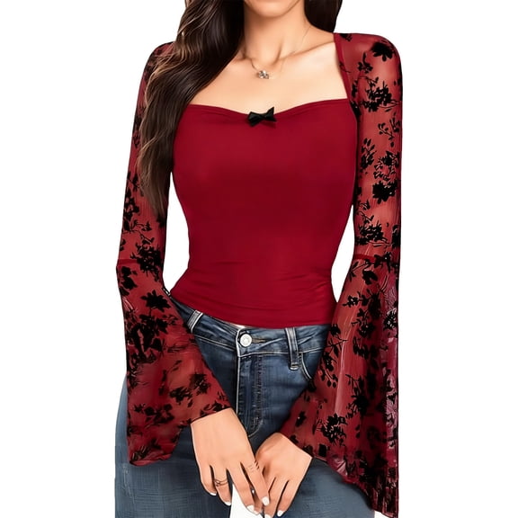 Daiosportswear Womens Lace Floral Long Sleeve Mesh Tops Round Neck Sheer Blouse Sexy See Through Layering Top Shirts Wine XS