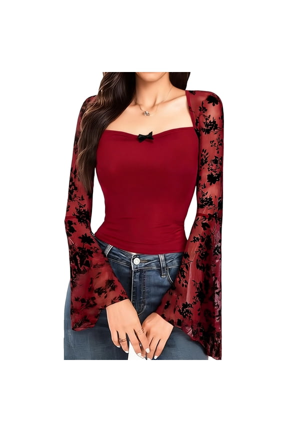 Womens Lace Floral Long Sleeve Mesh Tops Round Neck Sheer Blouse Sexy See Through Layering Top Shirts Wine XS