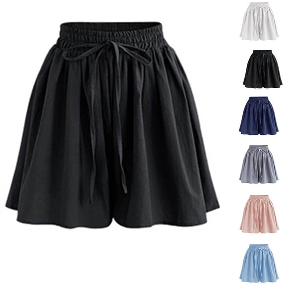 Daiosportswear Womens Linen Shorts Summer Ruffle High Waisted Wide Leg Drawstring Beach Pleated Lounge Short with Pockets,Shorts for Women