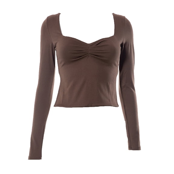 Daiosportswear Womens Long Sleeve Going Out Crop Tops Y2K Fall Shirts Sweetheart Neckline Bustier Top with Slit Brown-A S(S)
