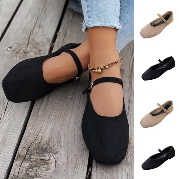 Daiosportswear Women's Mary Jane Flats Square Toe Buckle Strap Slip-On Shoes Casual Comfortable Flat Shoes for Daily Wear Khaki