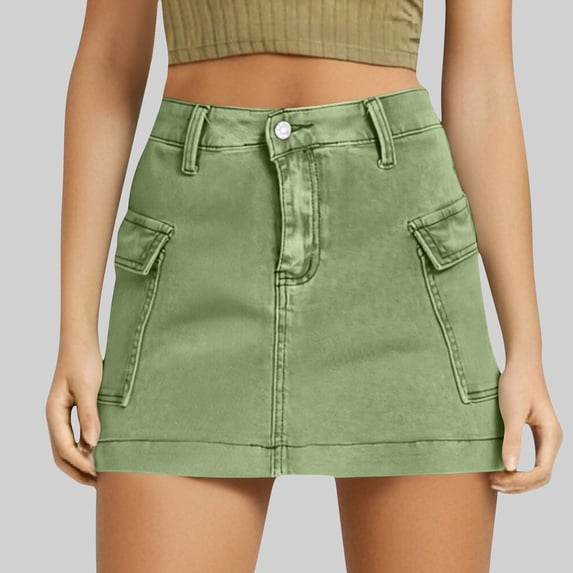 Daiosportswear Womens Mini Cargo Skirts Y2K Low Waist Button Bodycon Denim Skirt Vintage Jean Skirts with Pockets Green S(S)