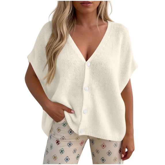 Daiosportswear Womens Oversized Buttons Down Cardigans Batwing Short Sleeve Lightweight V Neck Knit Sweater Tops,Womens Tops