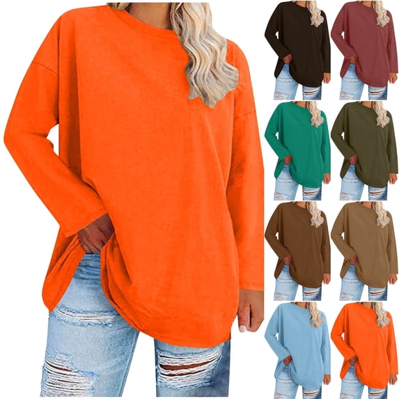 Daiosportswear Womens Plus Size Tops Basic Long Sleeve Shirts Crew Neck T Shirt Fall Outfits Loose Fit Casual Blouses Orange XL(XL)