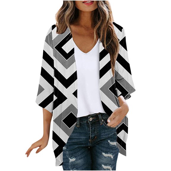 Daiosportswear Womens Print Cardigan spring and summer Lightweight Long Sleeve Open Front Fall Cardigans Multicolor L(L)