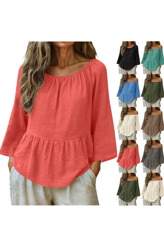 Womens Round Neck Cotton and Linen Solid Ruffled Sleeves and Hem,3/4 Length Sleeve Womens Tops Khaki-A XL(XL)