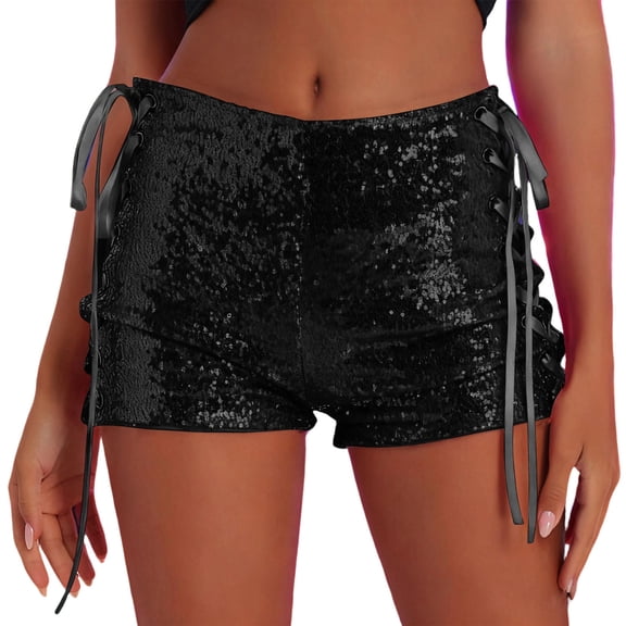 Daiosportswear Womens Sequin Mini Shorts Y2K Going Out Low Rise Micro Shorts Cheetah Print Bottoms Concert Rave Outfits Black-A L(L)