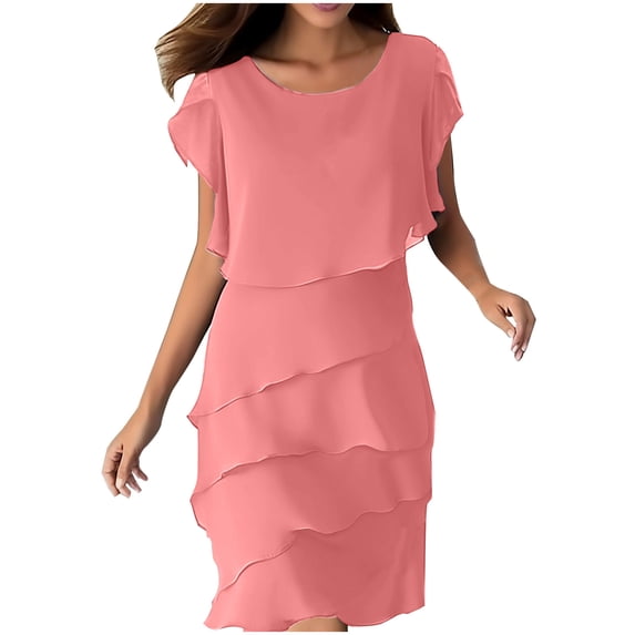 Daiosportswear Women's Chiffon Layer Warp Dress Trendy Elegant Short Sleeve Crew Neck Ruffle Midi Wedding Guest Dresses Pink XL