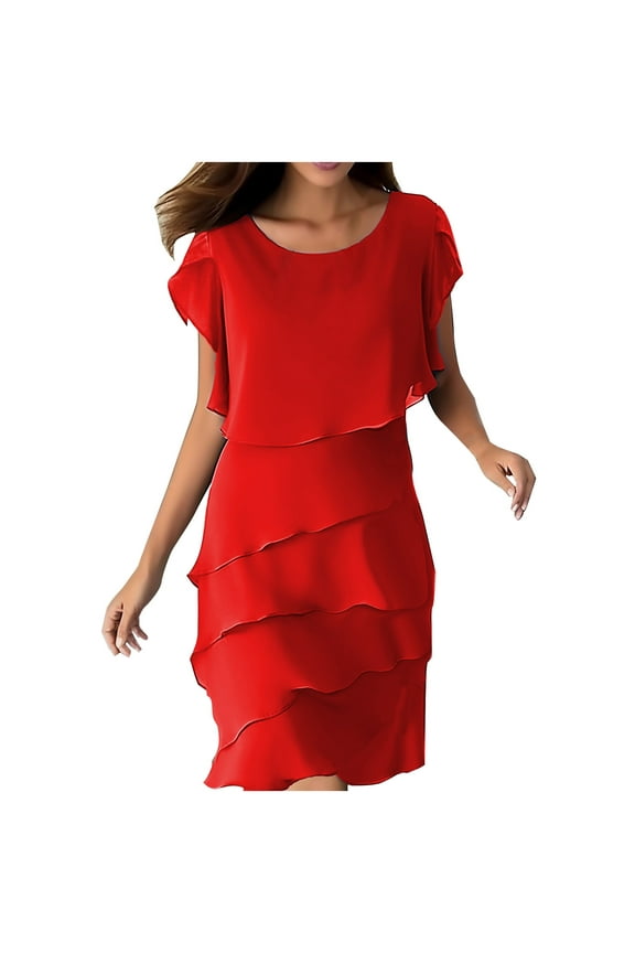 Womens Short Sleeve Tiered Chiffon Cocktail Dress, Wedding Guest Gown (Petite and Regular Sizes), Short-Sleeved Dress for Women Red XXXL(XXXL)