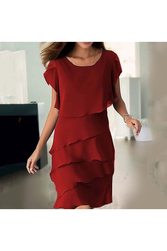 Women's Chiffon Layer Warp Dress Trendy Elegant Short Sleeve Crew Neck Ruffle Midi Wedding Guest Dresses Wine XXL