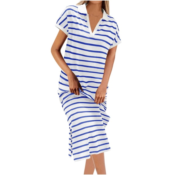 Daiosportswear Womens Striped Summer Dresses Short Sleeve V Neck Knit Collared Slit Loose Maxi Dress,Women'S Short-Sleeved Dress Blue 10(XL)