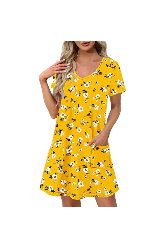 Womens Summer Dress Casual Swing Ruffle Short Sleeve Sundresses Beach Mini A-Line Shift Dress with Pockets,Women'S Short-Sleeved Dress Yellow-F L(L)