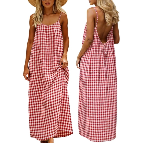 Daiosportswear Womens Summer Plaid Sleeveless Backless Cami Dresses Spaghetti Strap Flowy Dress Long Sundress with Back Tie,Women'S Sleeveless Spaghetti Strap Maxi Dress Red S(S)
