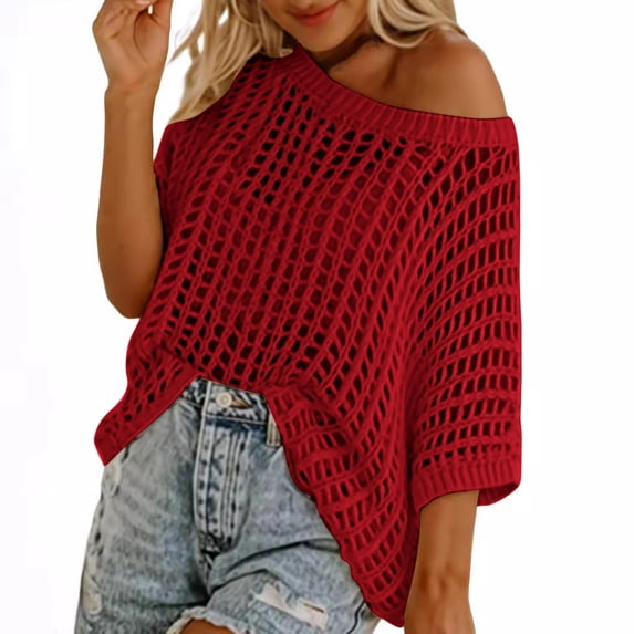 Daiosportswear Womens Summer Scoop Neck Short Sleeve Sweater Casual Crochet Hollow Out Knit Tops Pullover Shirts Beach Coverup,Women'S Cover-Up Wine M(M)