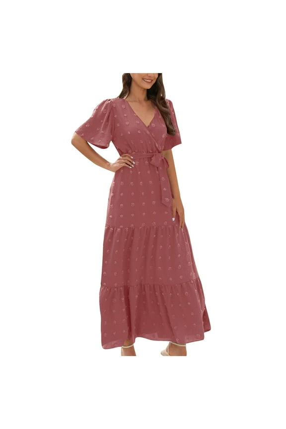 Womens Summer Swiss Dot Maxi Dresses Wrap V Neck Short Sleeve Casual Flowy Long Wedding Guest Dress,Women'S Short-Sleeved Dress Pink XXL(XXL)