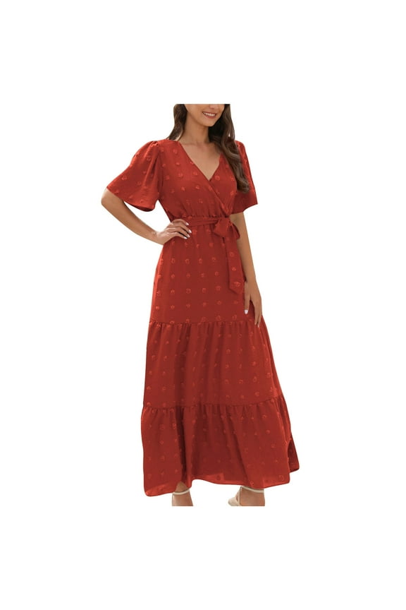 Womens Summer Swiss Dot Maxi Dresses Wrap V Neck Short Sleeve Casual Flowy Long Wedding Guest Dress,Women'S Short-Sleeved Dress Watermelon Red L(L)