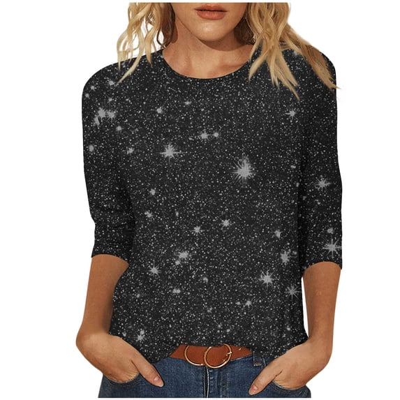 Daiosportswear Womens Tops 3/4 Sleeve Shirts Round Neck Loose Casual Blouses Floral Print Tshirts Trendy Business Work Top Black-D XL(XL)