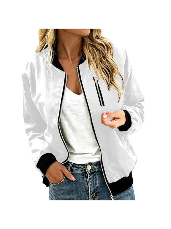 Zip Up Jackets for Women Casual Lightweight Bomber Jacket Trendy Coat Baseball Outwear with Pockets White-A