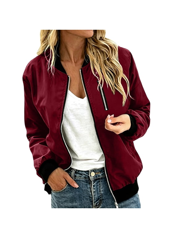 Zip Up Jackets for Women Casual Lightweight Bomber Jacket Trendy Coat Baseball Outwear with Pockets Wine-A