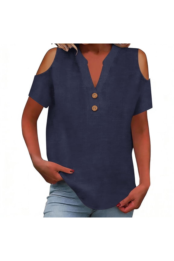 off the Shoulder Linen Shirts for Women Short Sleeve V Neck Vintage Summer Tops Loose Fit Blouse,Linen Top Navy-A L(L)