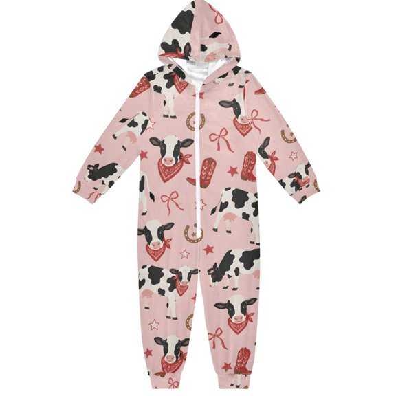 Dairy Cow Boys & Girls Hooded One-Piece Pajamas Warm Crystal velvet Hooded Long Sleeve Loungewear Jumpsuit Unisex
