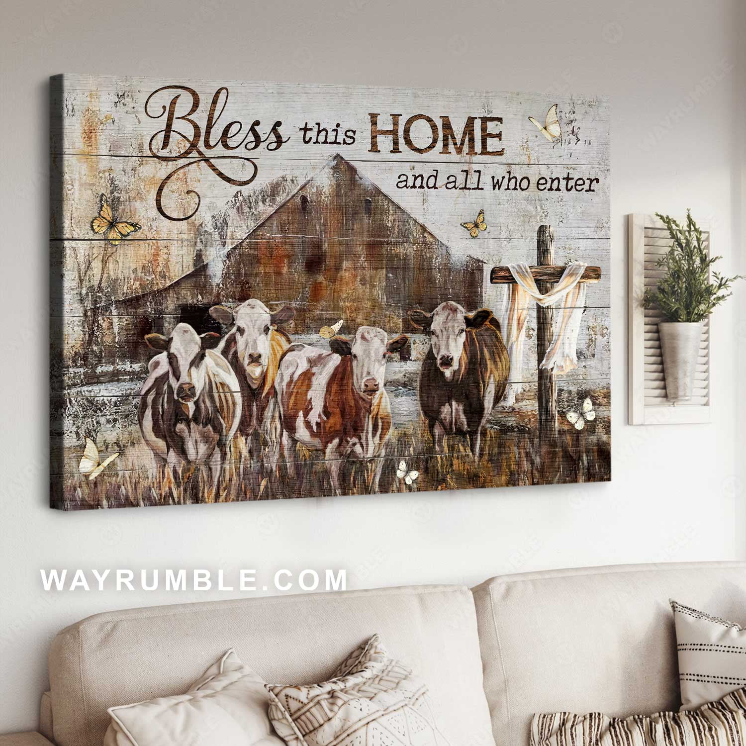Dairy Cow Farm, Old House, Antique Painting, Bless This Home Jesus