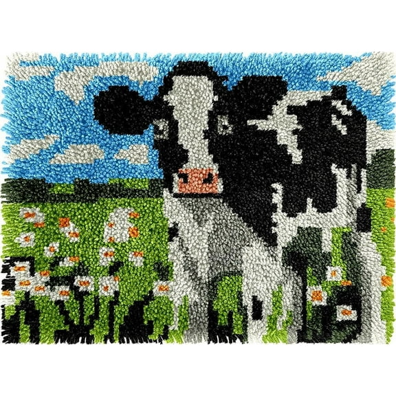Dairy Cow & Flowers DIY Latch Hook Rug Kits DIY Cushion Tapestry Making Crochet Handmade Hooking Mat Kits With Printed Pattern Canvas DIY Carpet Needlework Kits of Home Decor 52x38cm (j75)