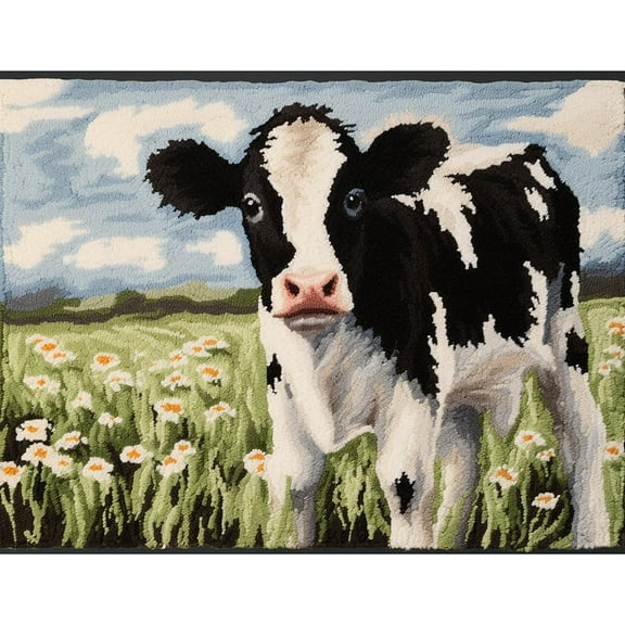 Dairy Cow Flowers Latch Hook Rectangle Rug Kits for Adults Needle Crochet Yarn Embroidery Carpet Hook and Latch Kit Floor Mat Tapestry Christmas Home Decoration 52x38cm