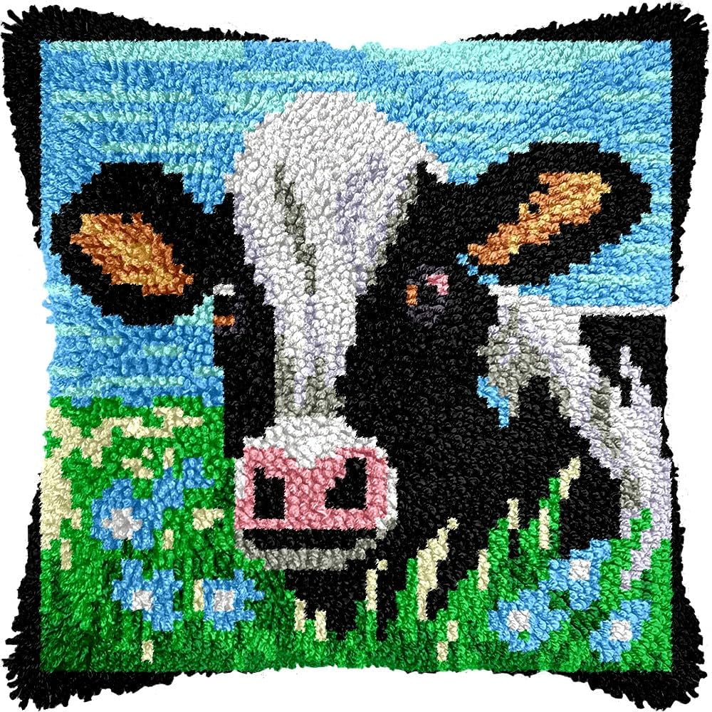 Dairy Cow Latch Hook Kits Pillow kits Cushion Throw Pillow Embroidery Craft Kits DIY Kits of DIY Hooking Pillowcase Cover Supplier with Color Printed Canvas 43x43cm (237)