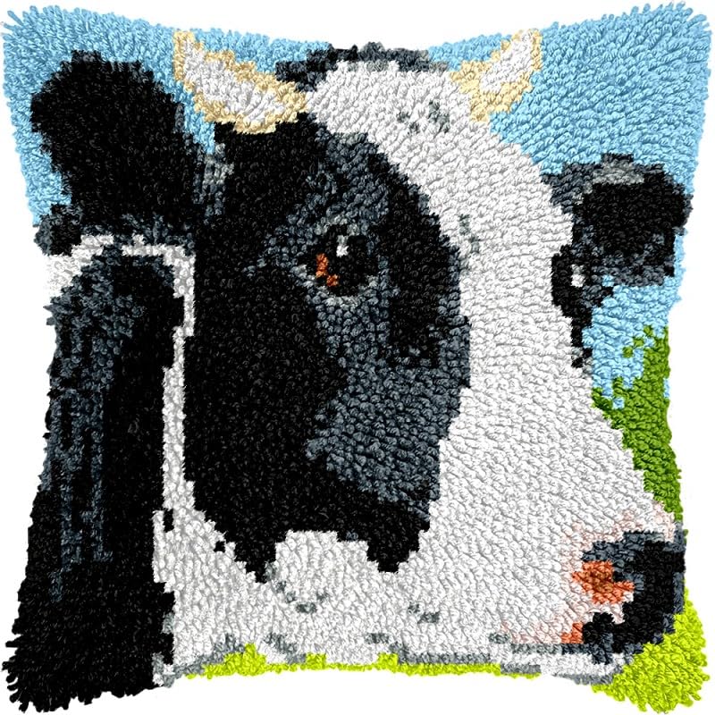 Dairy Cow Latch Hook Pillow Kits Pillow Cover with Pattern Printed Canvas Crochet Cross Hooking Pillowcase Cushion Crafts Embroidery Latch Hooking Crochet Kits 17x17 inch(13)