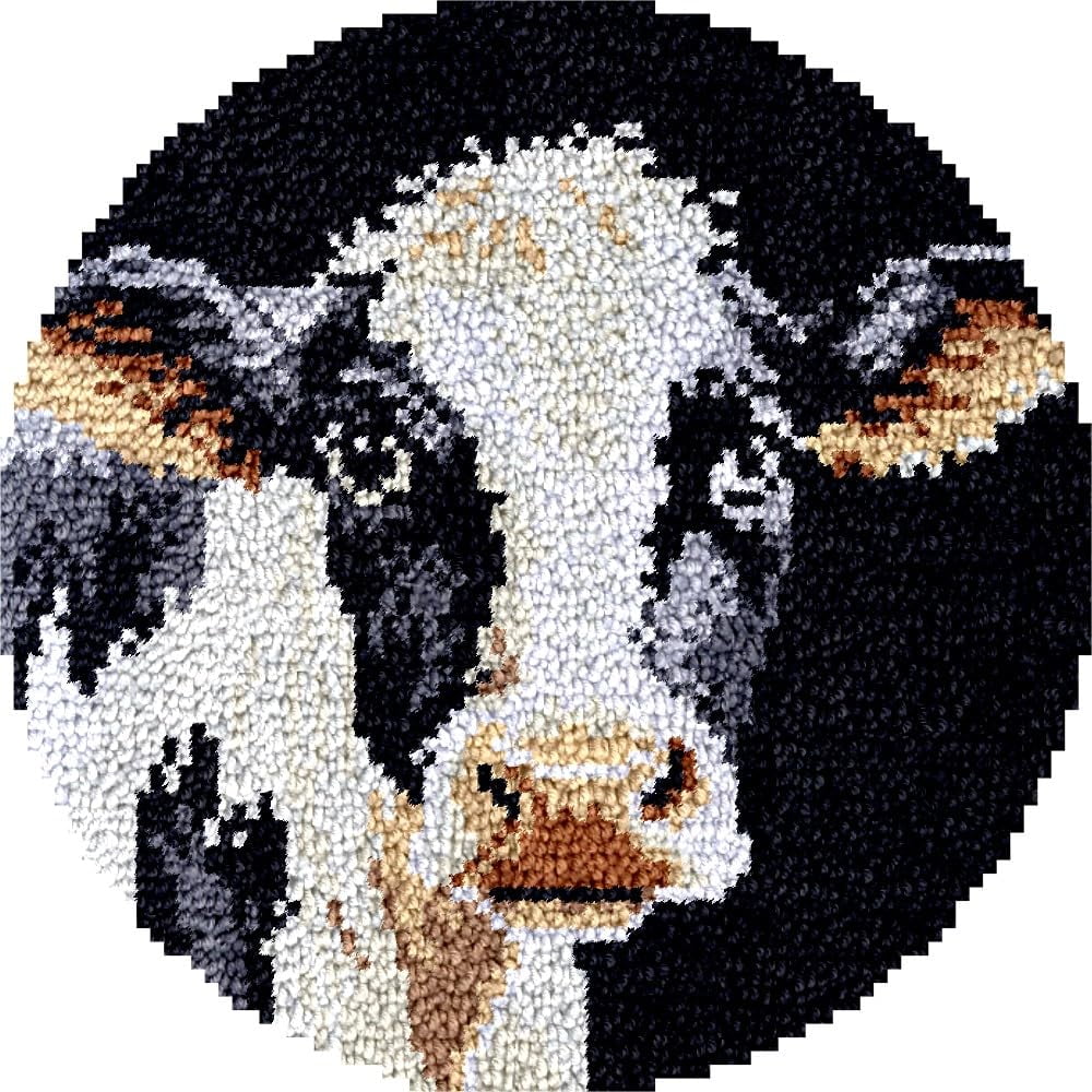 Dairy Cow Latch Hook Round Rug Kits Set for Starter Crochet Handmade Hooking Cushion Mat Sofa Seat Cushion Crocheting Kits with Preprinted Canvas Crochet Yarn Kits 50X50CM (r1)