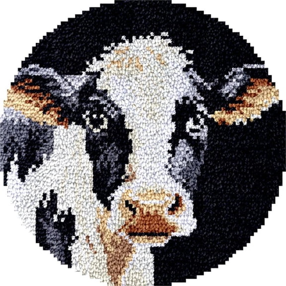 Dairy Cow Latch Hook Round Rug Kits Set for Starter Crochet Hook Cushion Floor Mat Sofa Seat Cushion Crocheting Kits with Preprinted Canvas Crochet Yarn Rug Kits 50X50cm (y29)