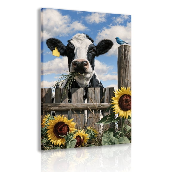 Dairy Cow Peeking Over Wooden Fence with Grass in Mouth — Canvas Wall Art; Rustic Farmhouse Sunflower & Farm Animal Poster; Canvas Wall Art; Rustic Farm Decor; Framed Home Decor