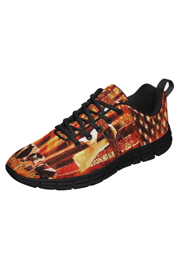 Dairy Cow Sunshine Christian Cross American Flag Running Shoes Sneakers Mesh Black Size 11