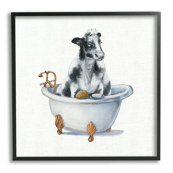Dairy Cow in Bathtub Country Farm Animal Animals & Insects Framed Art Print Wall Art, 17x17