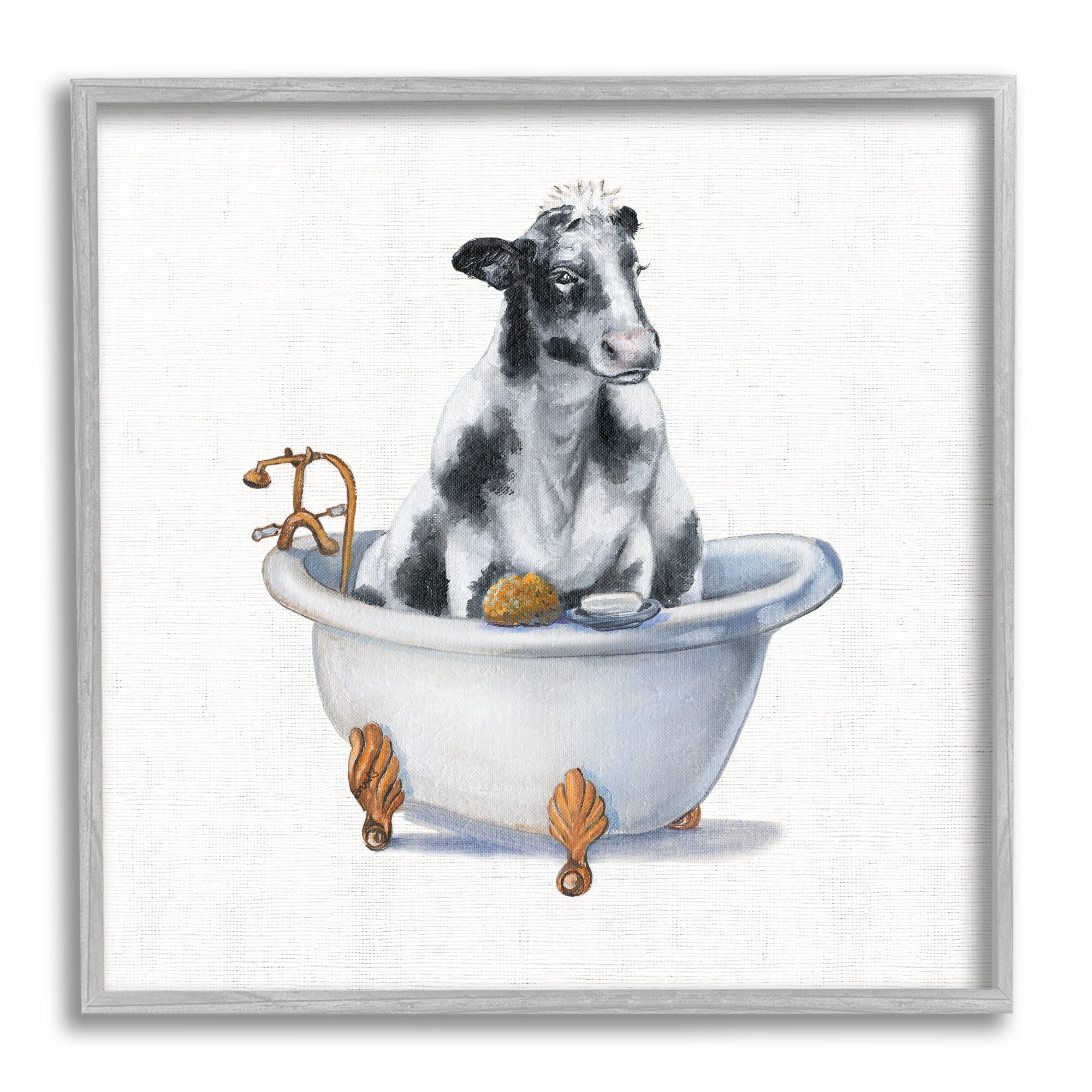 Gray Framed Dairy Cow in Bathtub Canvas Wall Art