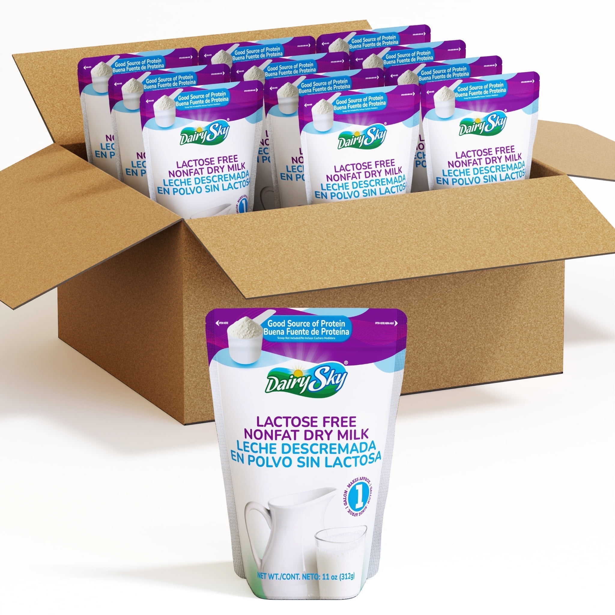 DairySky Lactose Free Plain Nonfat Dry Milk Powder, 11 oz Pouch, Shelf-Stable, 8g Protein per Serving, No Added Sugar, 12-Pack